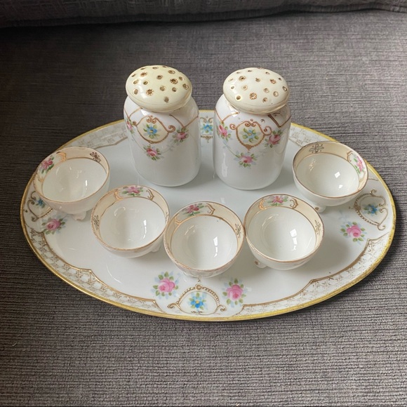 Vintage Nippon Hand Painted Salt and Pepper Tray Set w/ Shakers, Cellars & Tray